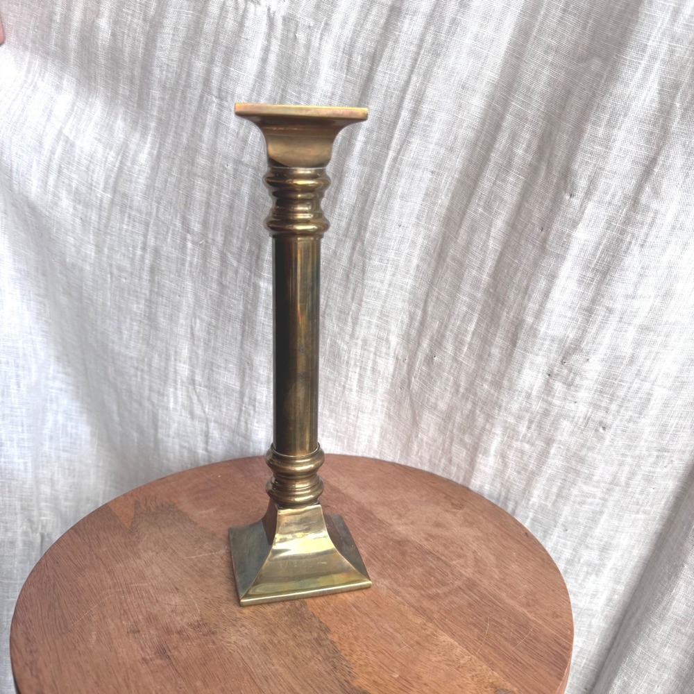 Vintage Brass Candlestick 10in Square Base Gold Toned Taper Holder Heavy